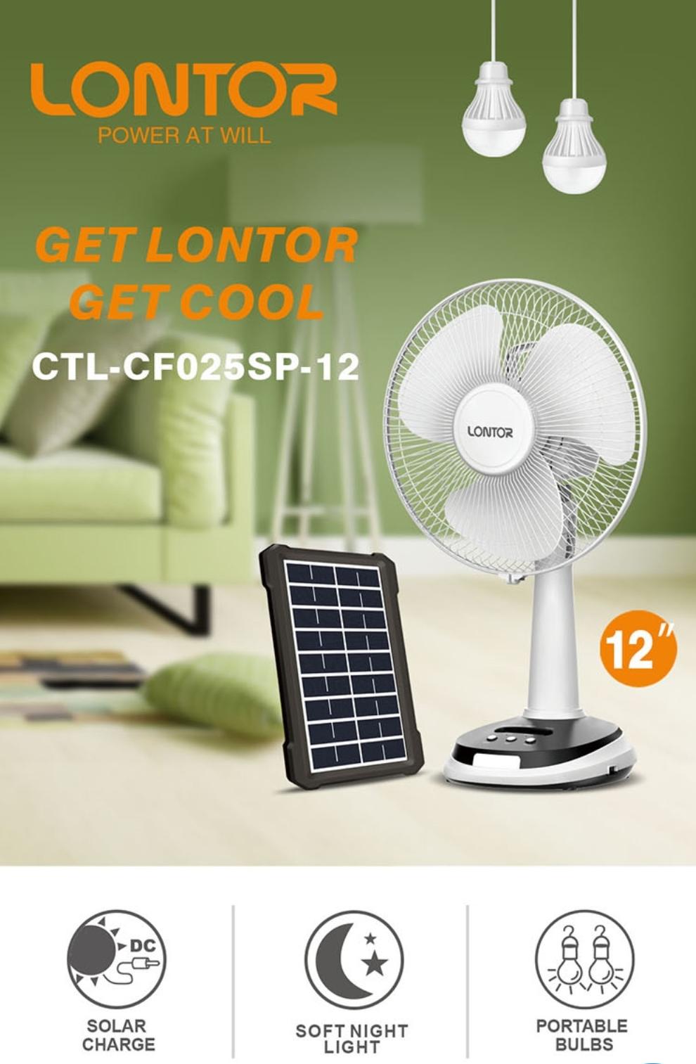 12 inches Lontor Solar rechargeable fan, family size Image